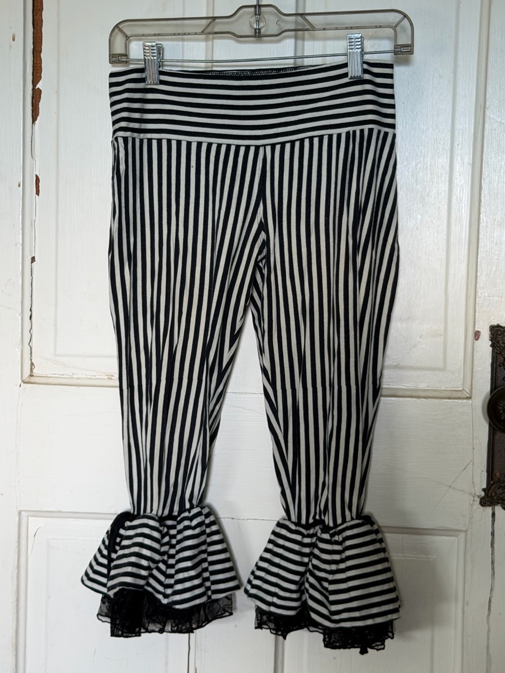 Eleven44 Black White Striped Ruffle Bell Pants Lace Whimsigoth Gothic Size L